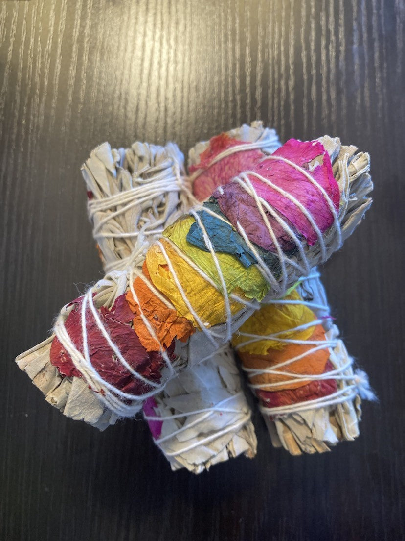 4" Rainbow /Chakra White Sage Smudge Stick